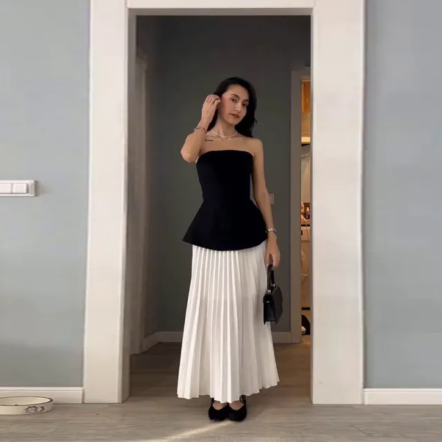 Women's Tube Top Slimming Top Fashion Pleated A Line Skirt Black - Shop at LoveMi