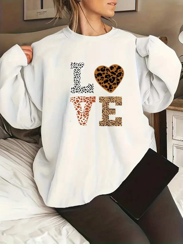 Round Neck Leopard Print Love Plus Size Sweater For Girls White - Shop at LoveMi