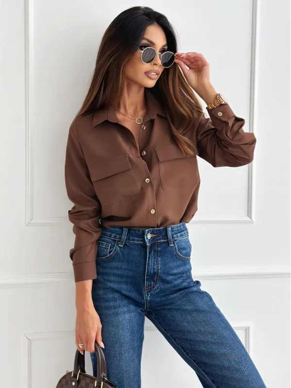 Button Fashion Casual Shirt For Women Coffee - Shop at LoveMi