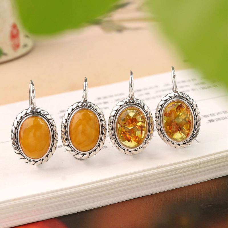 Womens Retro Ethnic-Style Flower Amber Earrings