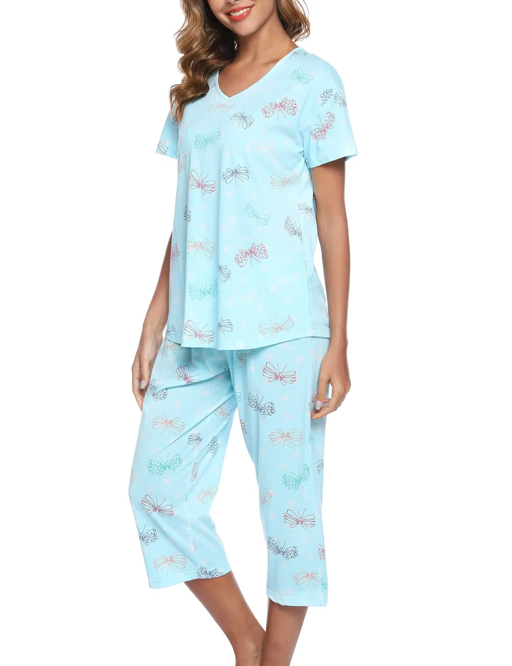 Short-sleeved Cropped Pants Suit Knitted Cotton Plus Size Women's Pajama Suit Suit - Blue