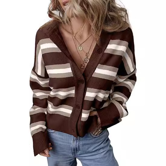 Striped Color Stitching Knitted Cardigan Women's Clothing - Image 5