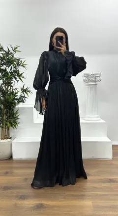 French Elegant Waist-wrapped Dress - Black - View 1