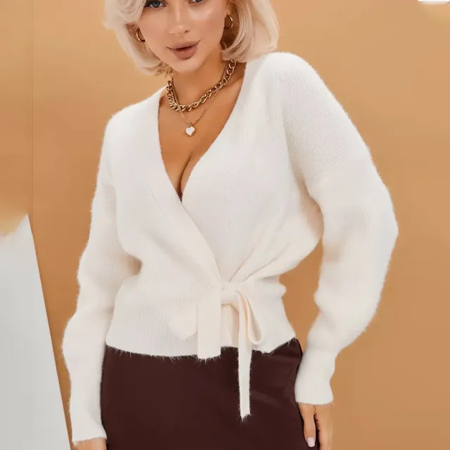 V neck Lace up Knitted Sweater Women's Coat White - Shop at LoveMi