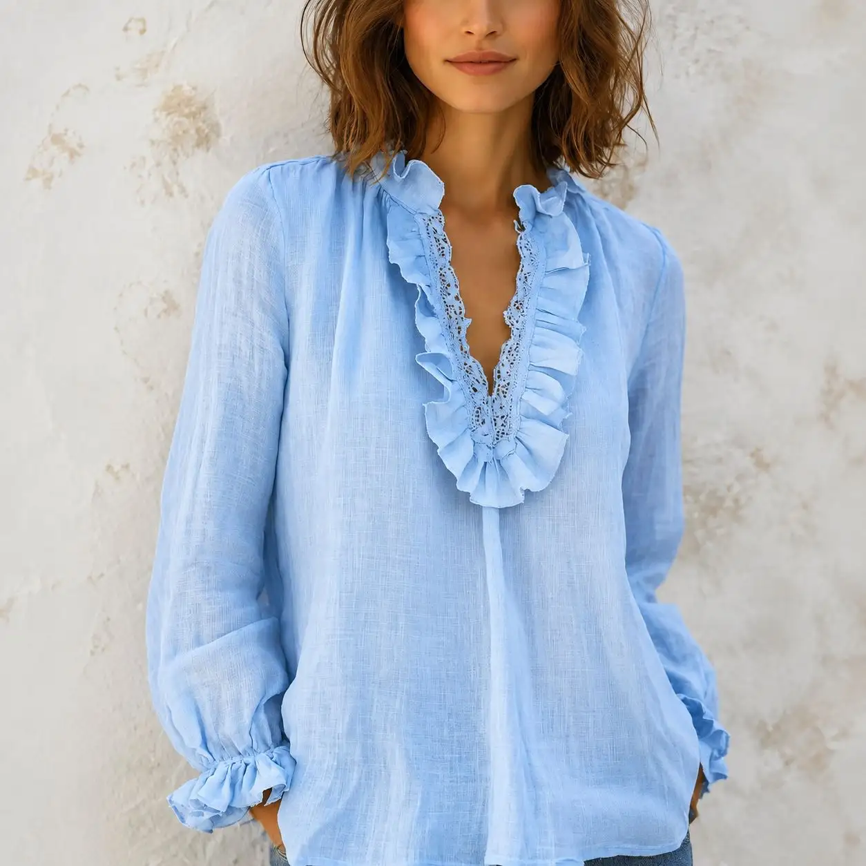 Womens Deep V-neck Lace Loose-fit Blouse French-style