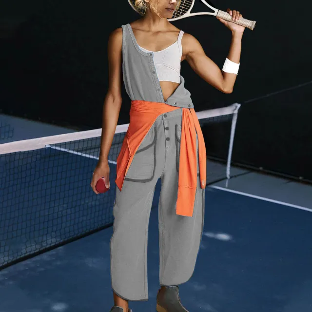 Women's Casual Solid Color Round Neck Sleeveless Elastic Waist With Pocket Jumpsuit Gray - Shop at LoveMi