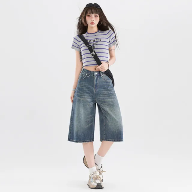 Women's American style Retro High Street Denim Cropped Pants Summer Retro Blue - Shop at LoveMi