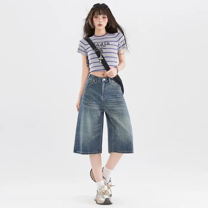 Women's American-style Retro High Street Denim Cropped Pants Summer - Retro Blue
