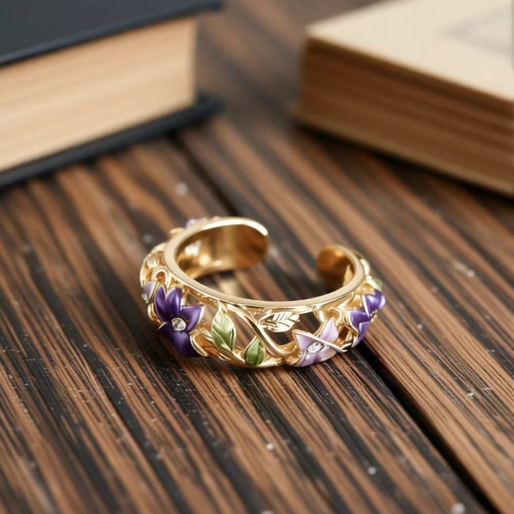 Enameled Oil-drop Flower Elegant Ring