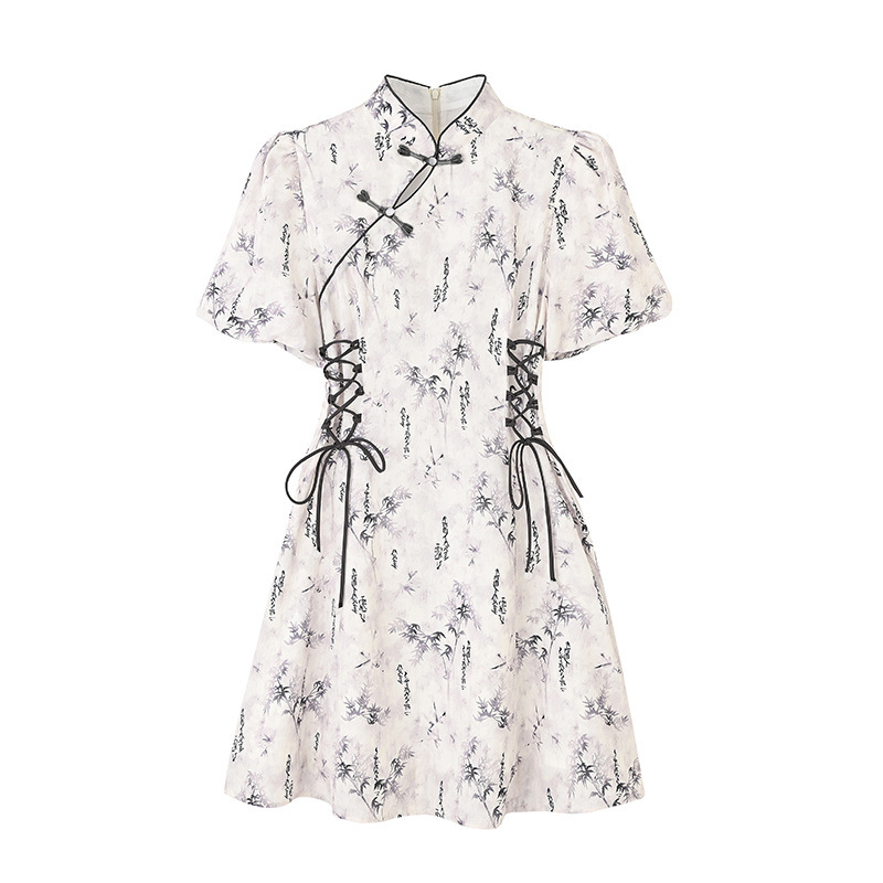 Retro Chinese style Dress With Traditional Frog Buttons And Bubble Sleeves Ink Painting L - Shop at LoveMi