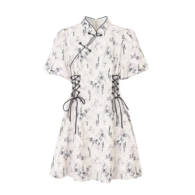 Retro Chinese style Dress With Traditional Frog Buttons And Bubble Sleeves Ink Painting L - Shop at LoveMi