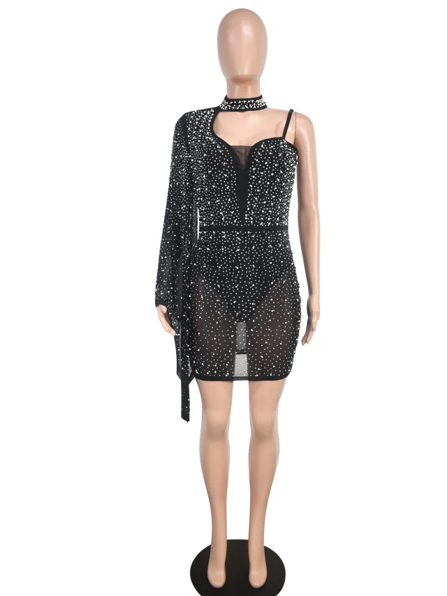 Womens Sheer Mesh Sexy One Shoulder Short Dress Black - Shop at LoveMi