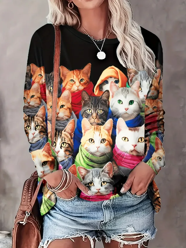 Summer Trendy Cute Kitten Print Women's Commuter Elegant Top Nt2024Xq926 - Shop at LoveMi