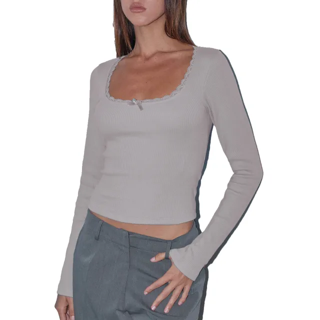 Women's Fashion U Collar Small Lace Knitted Bottoming Shirt Gray - Shop at LoveMi