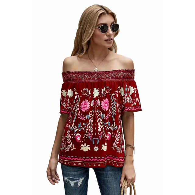 Women's Printed T shirt Loose Off Shoulder Top Red - Shop at LoveMi