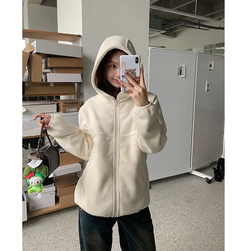 Women's Outdoor Warm Fleece Hooded Windproof Jacket - Nougat Pastry Colors