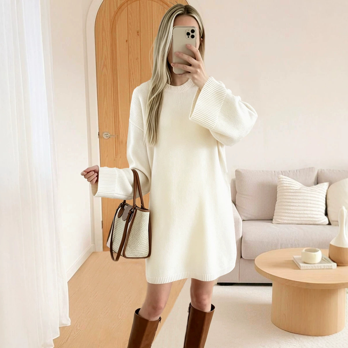 Womens Autumn Winter Lazy-Style Long-Sleeve Crew-Neck Sweater Dress