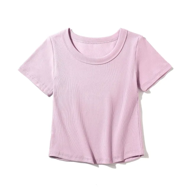 Women's French style O neck Short ICE Cotton T shirt With Curved Hem Purple - Shop at LoveMi