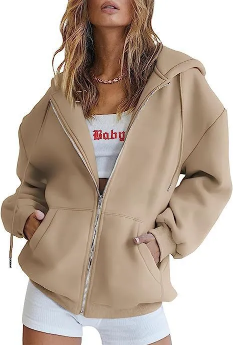 Women's Velvet Padded Hooded Sweatshirt Casual Zipper Cardigan Camel - Shop at LoveMi