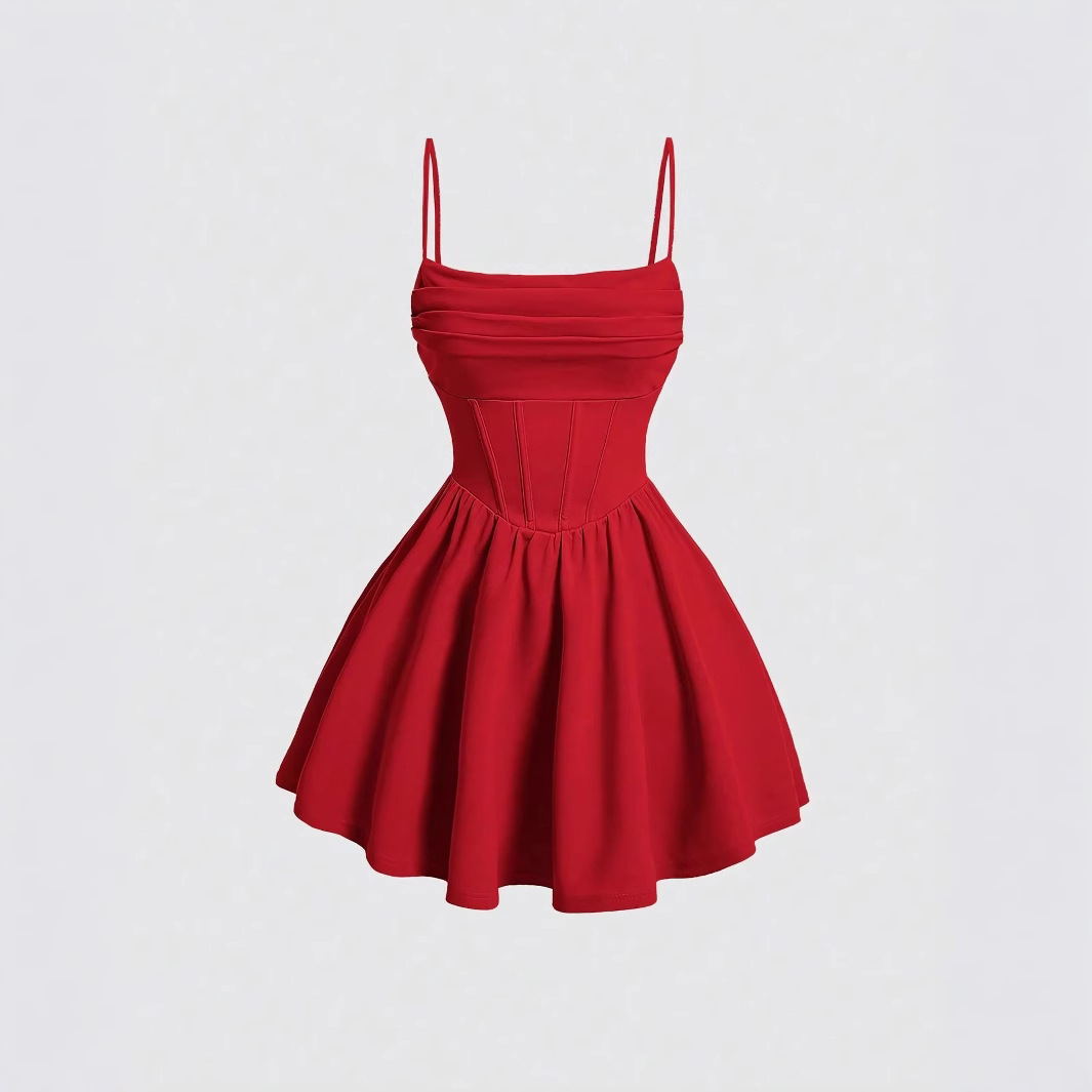 Sexy Dress Solid Color Pleated Back Zipper Sling Dress - Image 2