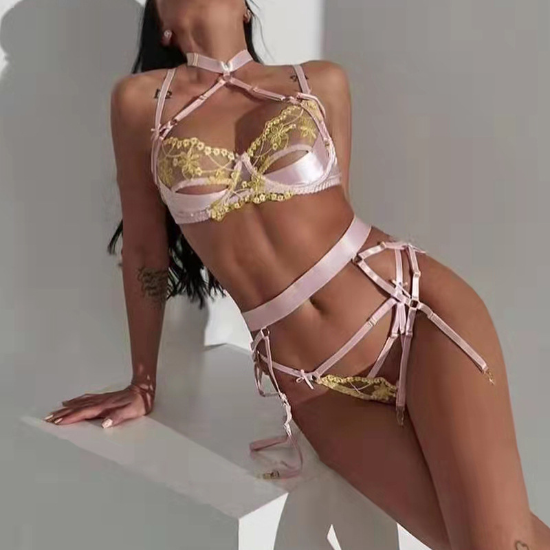 Women's Sexy Lace Stretch Halter Lace-up Steel Ring Push Up Suit