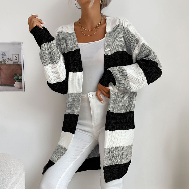 Women's Graceful And Fashionable Button free Colorblock Sweater Coat Black Gray - Shop at LoveMi