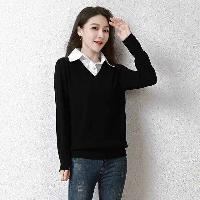 Women's Fashion Casual Loose False Two Pieces Sweater Black - Shop at LoveMi