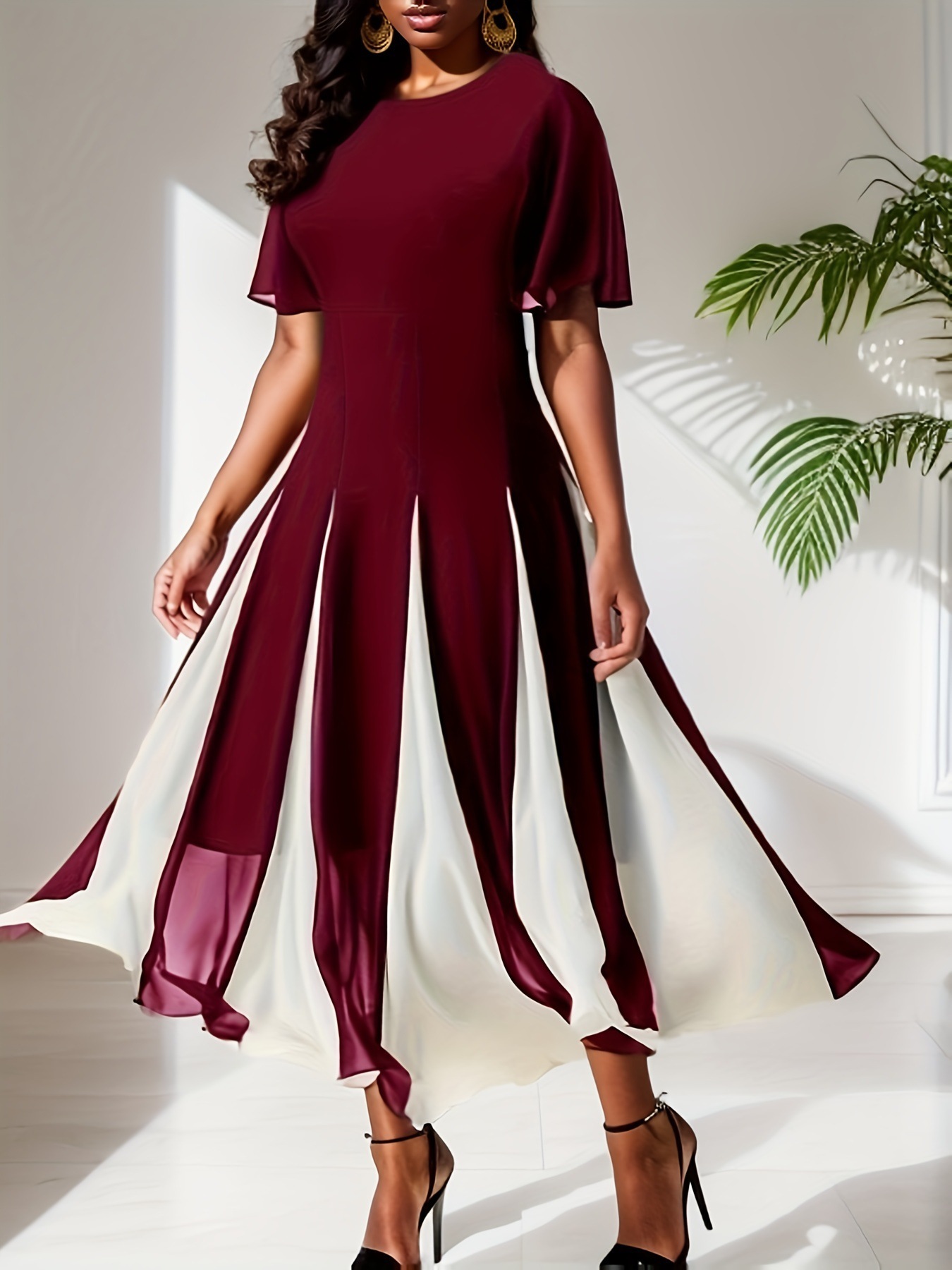 Contrast color Chiffon Stitching Round Neck Short sleeved Large Swing Dress Spring And Summer Women's Clothing Red - Shop at LoveMi