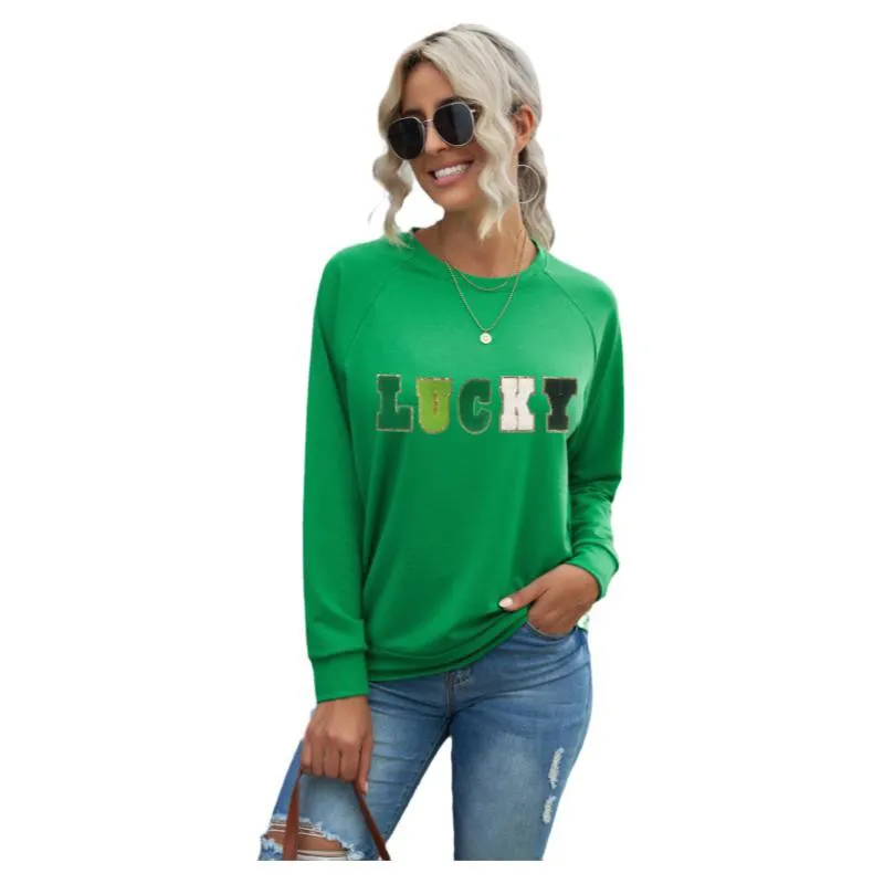 Women's Fashion Letter Embroidery Pullover Sweater - Green