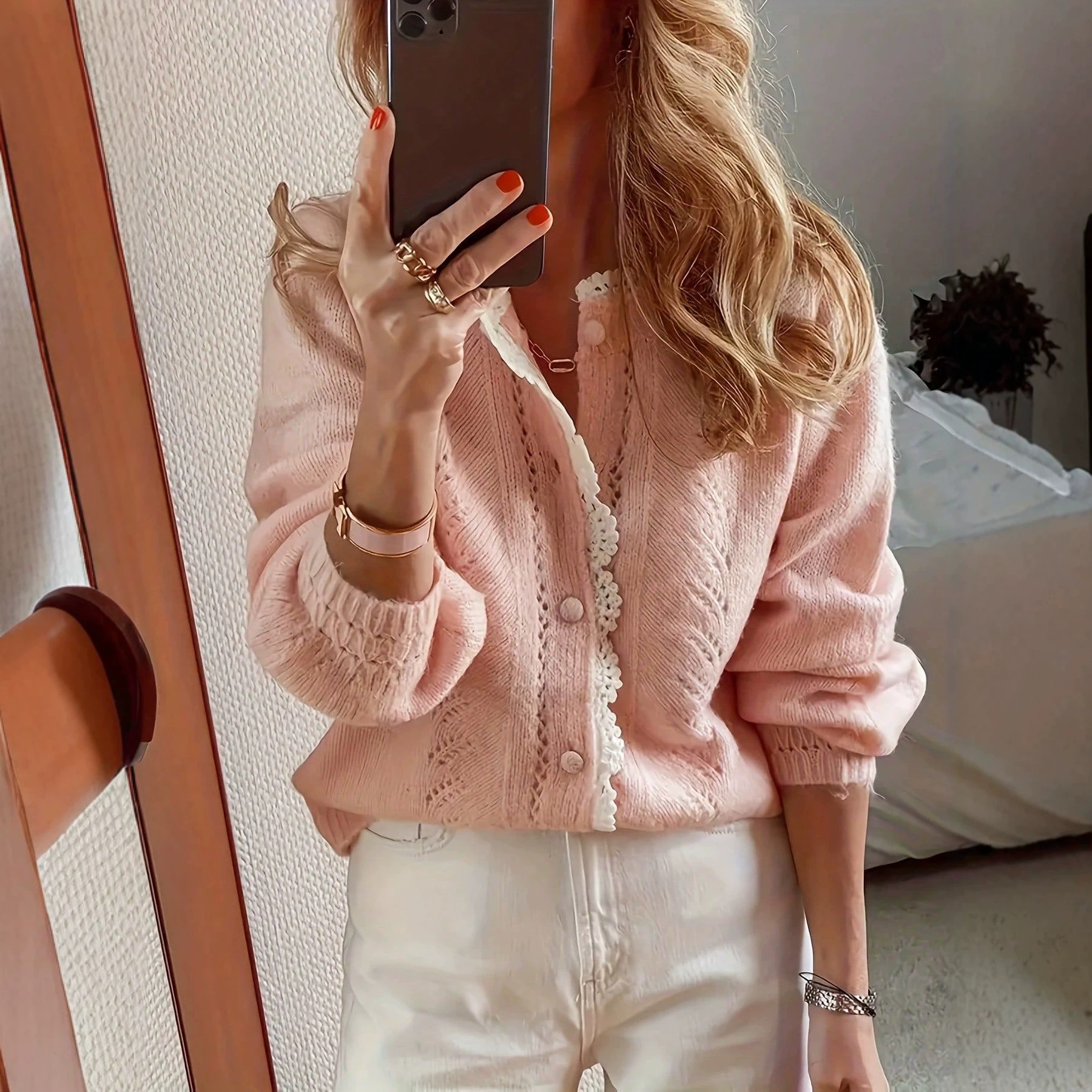 Womens Autumn Winter Lace-Trim Knitted Cardigan