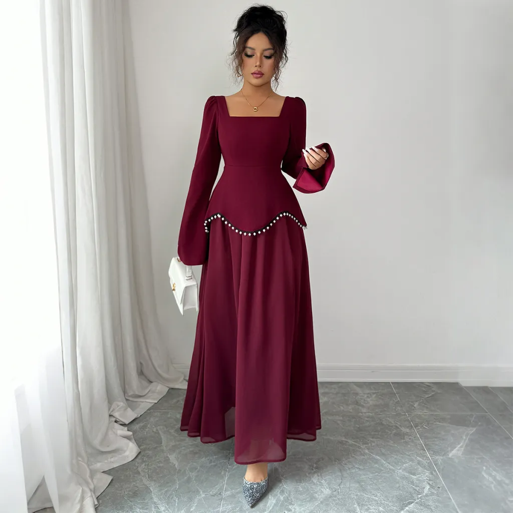 Minimalist Long Sleeve Senior Dress Women's Clothing - Purplish Red