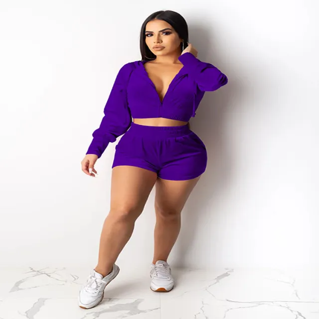 Casual Velvet Shorts Navel Hooded Long Sleeve Zipper Two piece Set Purple - Shop at LoveMi