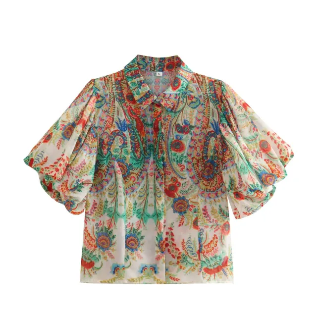 Lapel Print Chiffon Puff Sleeve Shirt Multicolor - Shop at LoveMi