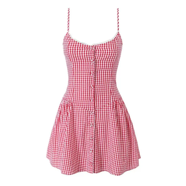 European And American Fashion Two tone Plaid Button Decoration Sling Dress Pink - Shop at LoveMi