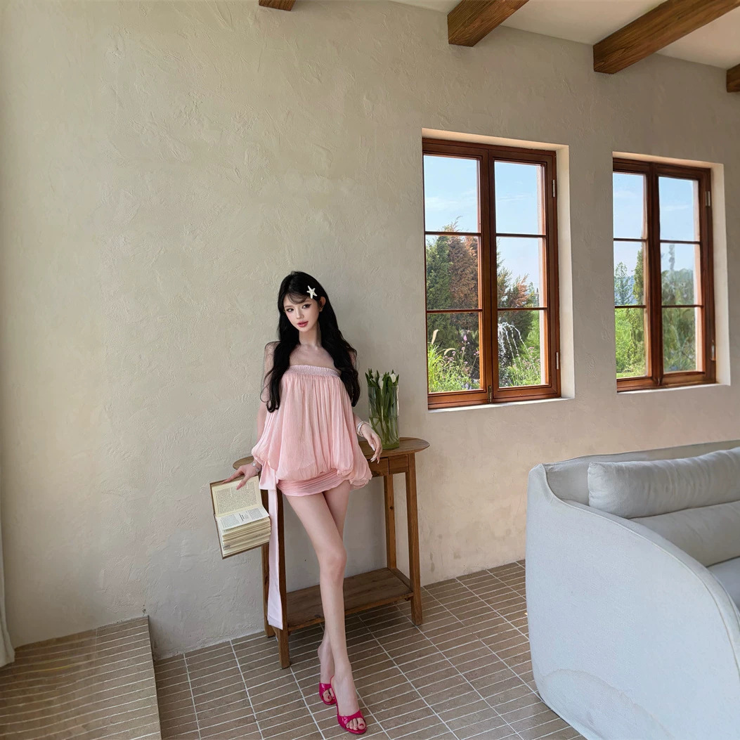 Tube Top Puff-sleeve Blouse And Bow-tie Skirt Two-piece Set