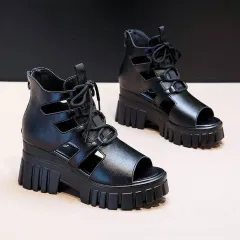 All-matching Peep Toe High Heel Platform Platform Height Increasing Slope - Black - View 1