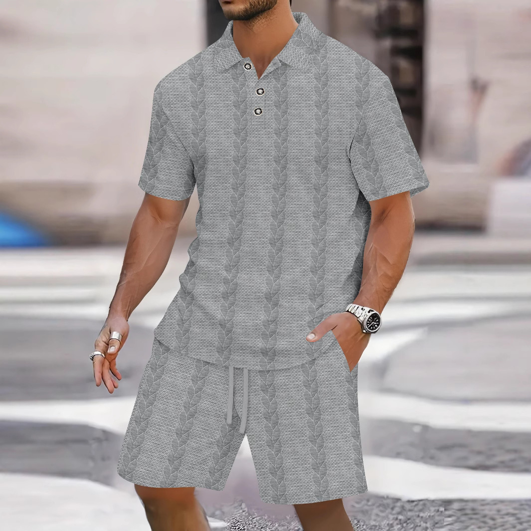 Mens Athletic Set Lapel-collar Short-sleeve Top With Shorts