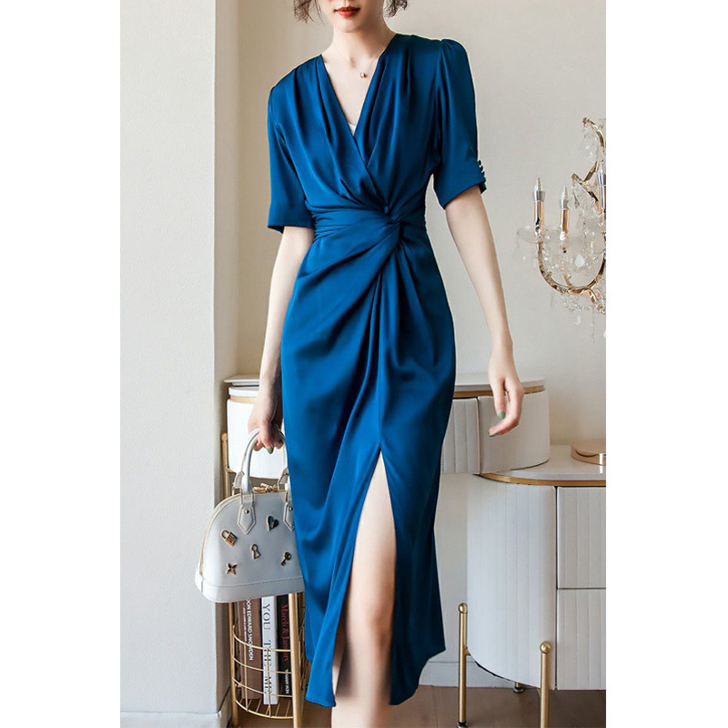 V-neck Luxury Split Blue Midi Dress