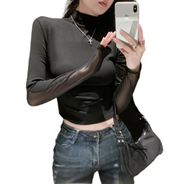 Spring And Autumn American Chic Mesh Short Stitching Long Sleeve Black - Shop at LoveMi
