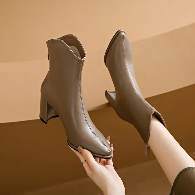 Genuine Leather Pointed Toe High Heel Boots Female White Chunky Heels White - Shop at LoveMi