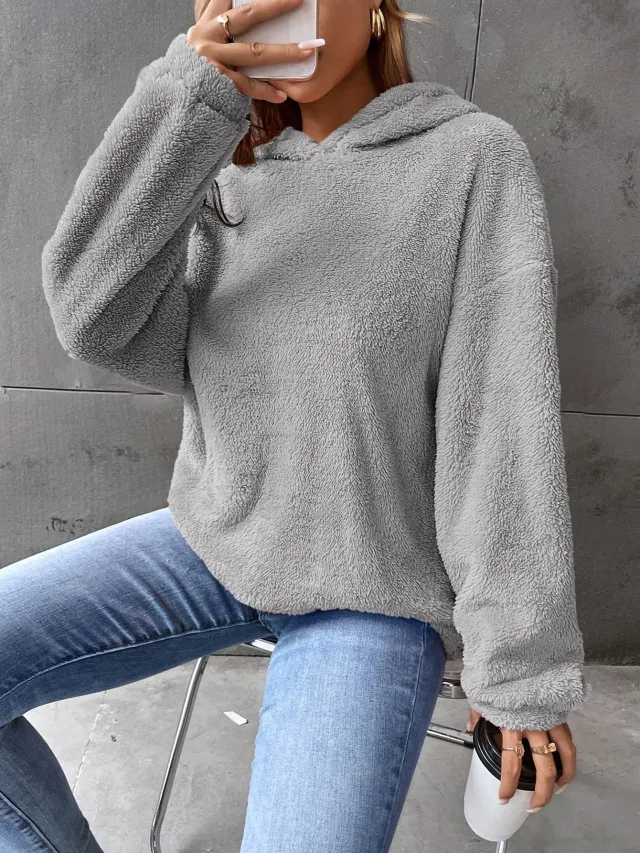Women's Simple Fashion Hooded Double sided Velvet Loose Long Sleeve Sweatershirt Light Gray - Shop at LoveMi