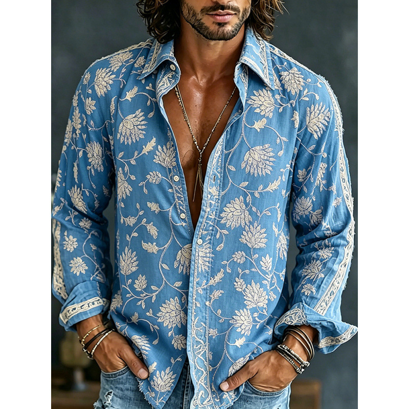 Men's Digital-Print Retro Floral Casual Shirt