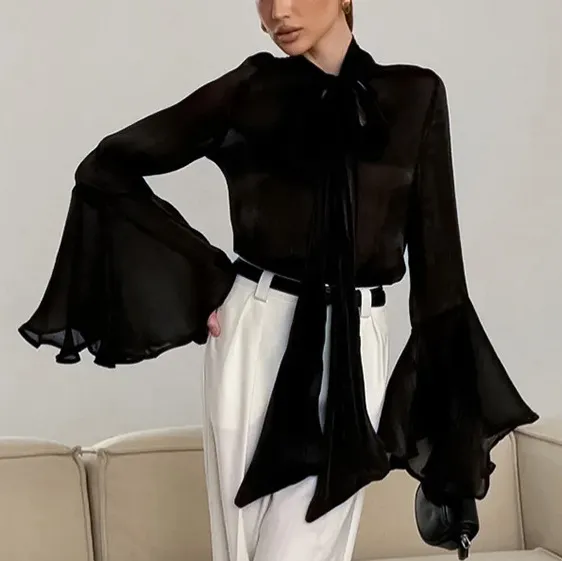 French Gentle Wind Floating Lead Flared Sleeves Long Sleeves Black - Shop at LoveMi
