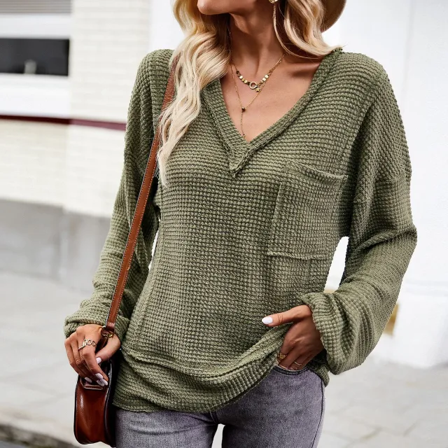 Women's Fashion Solid Color V neck Long sleeve Knitwear Top Green - Shop at LoveMi