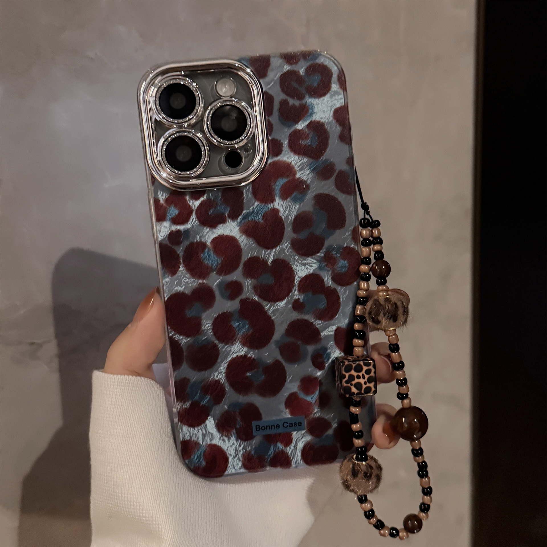 Retro Blue And Brown Leopard-Print Phone Case With Furry Pom-Pom Chain