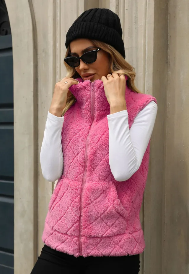 Women's Clothing Cardigan Zipper Loose Diamond Lattice Coat Plush Vest Camel - Shop at LoveMi