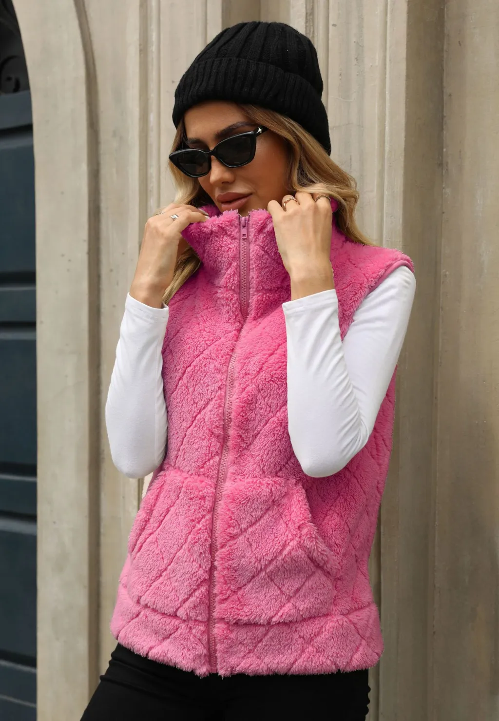 Women's Clothing Cardigan Zipper Loose Diamond Lattice Coat Plush Vest - Camel