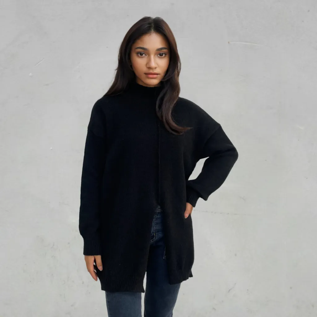 Pure Color Half Collar Pullover Sweater Fall Winter - Black