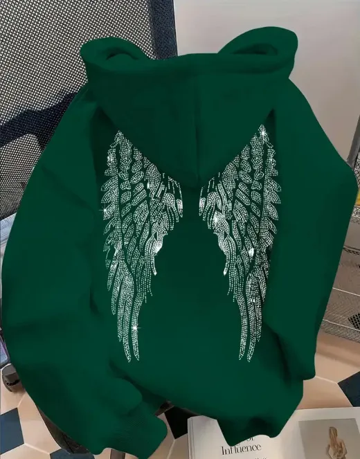 Trendy Minimalist Design Wings Printing Sweater Casual Loose Sweatshirt Pullover Dark Green - Shop at LoveMi