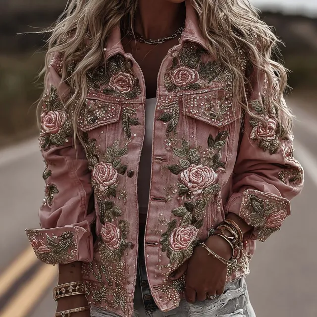Women's Vintage Patchwork Print Turned Hem Denim Jacket Sjwwtjk01 Ac27 - Shop at LoveMi